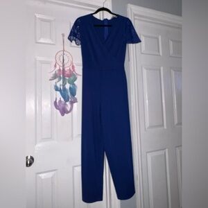 Women's Royal Blue V-Neck Lace Sleeve Jumpsuit